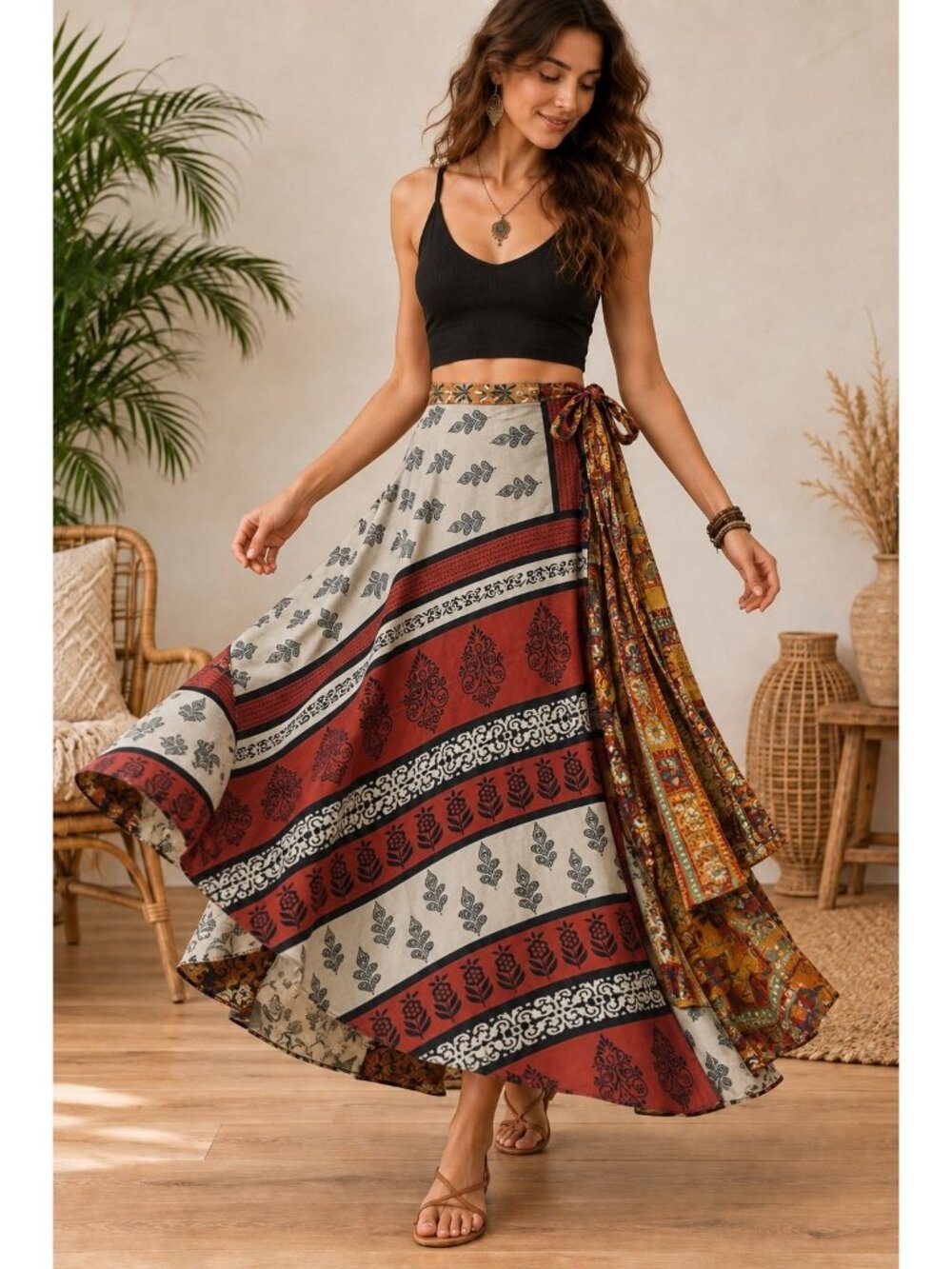 Reversible Sari Silk Magic Wrap Skirt Boho Festival Hippie Handmade India OS
